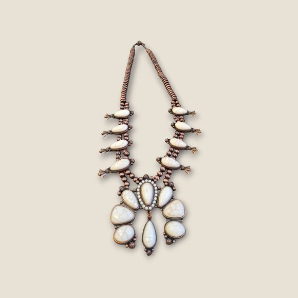 Vintage-Style Squash Blossom Necklace & Earrings Set With White Stone Inlay And - Picture 2 of 5